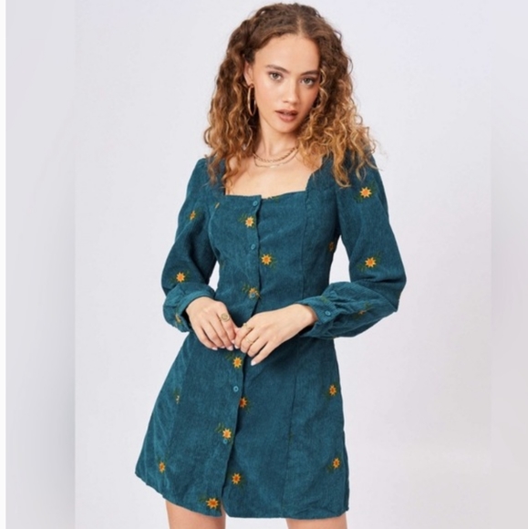 Cider Dresses & Skirts - Cider Embroidered Floral Corduroy Dress